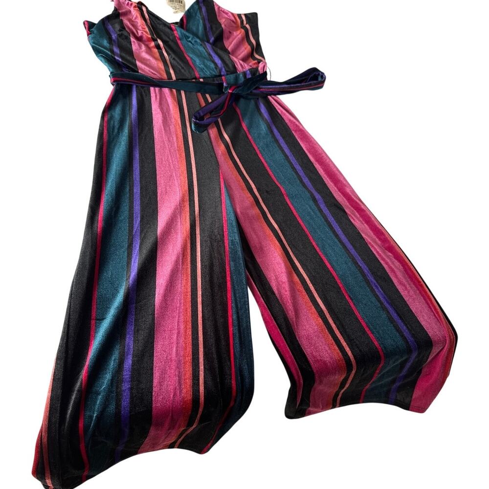 Cropped Wide Leg Jumpsuit Multi-Color Velvet Striped Retro Flare Festival Small